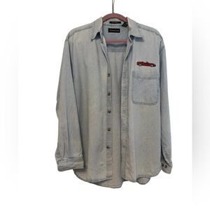 VTG 90’s Denim Corvette Embroidered 100% Cotton Cypress Denim Button Down Shirt